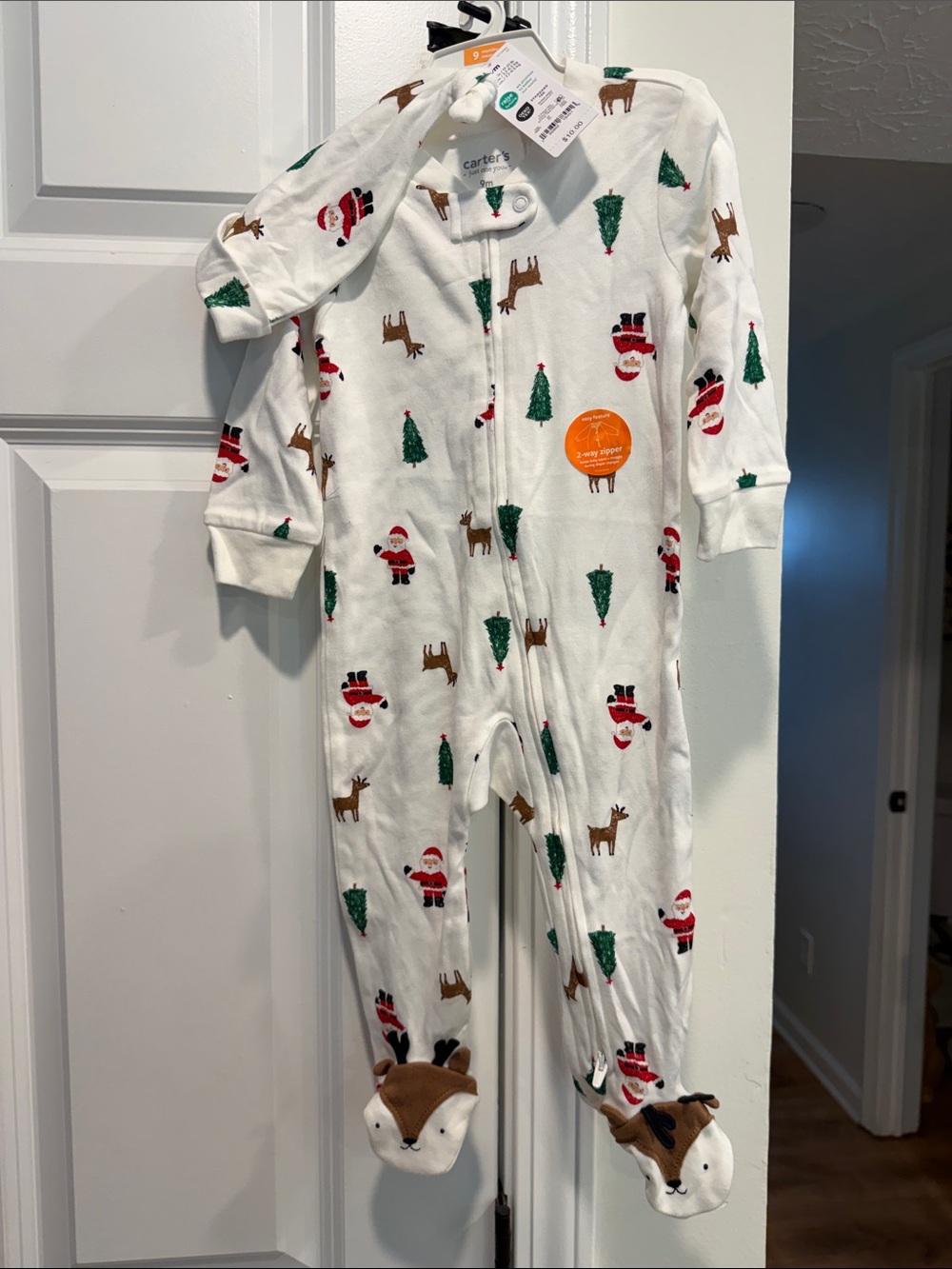 Carter's White Santa & Reindeer Print Footed One-Piece Pajamas